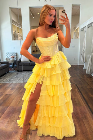 Yellow - A Line Strapless Chiffon Beaded Corset Long Prom Dress With Slit – Prom Dresses by KissProm | Available at KissProm