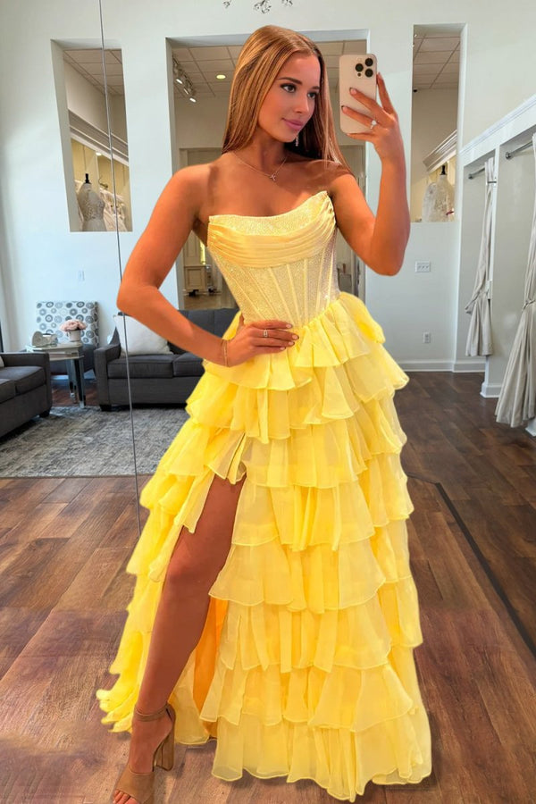 Yellow - A Line Strapless Chiffon Beaded Corset Long Prom Dress With Slit – Prom Dresses by KissProm | Available at KissProm