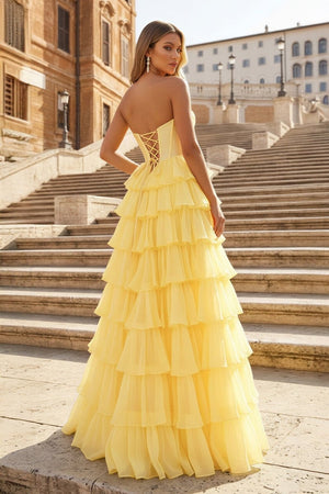Yellow - A Line Strapless Chiffon Beaded Corset Long Prom Dress With Slit – Prom Dresses by KissProm | Available at KissProm