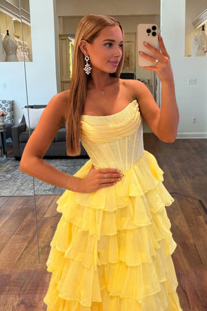 Yellow - A Line Strapless Chiffon Beaded Corset Long Prom Dress With Slit – Prom Dresses by KissProm | Available at KissProm