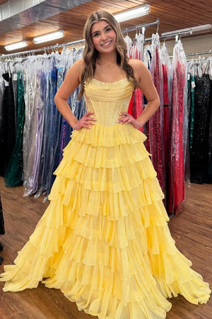 Yellow - A Line Strapless Chiffon Beaded Corset Long Prom Dress With Slit – Prom Dresses by KissProm | Available at KissProm