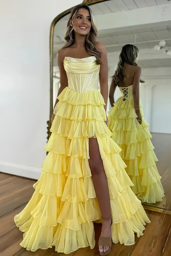 Yellow - A Line Strapless Chiffon Beaded Corset Long Prom Dress With Slit – Prom Dresses by KissProm | Available at KissProm