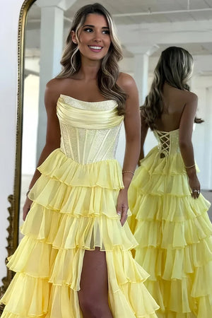 Yellow - A Line Strapless Chiffon Beaded Corset Long Prom Dress With Slit – Prom Dresses by KissProm | Available at KissProm