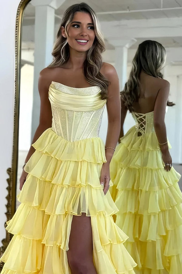 Yellow - A Line Strapless Chiffon Beaded Corset Long Prom Dress With Slit – Prom Dresses by KissProm | Available at KissProm