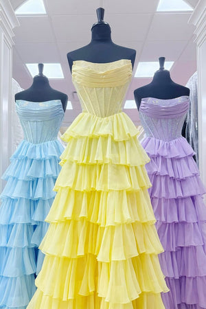 Yellow - A Line Strapless Chiffon Beaded Corset Long Prom Dress With Slit – Prom Dresses by KissProm | Available at KissProm