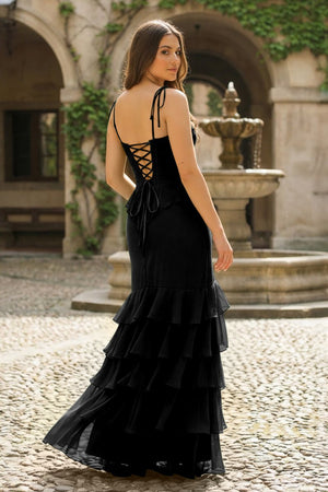 Tie Shoulder Red Mermaid Ruffle Tiered Long Prom Dress with Slit - KissProm