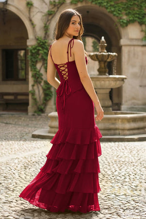 Tie Shoulder Red Mermaid Ruffle Tiered Long Prom Dress with Slit - KissProm
