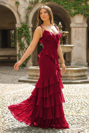 Tie Shoulder Red Mermaid Ruffle Tiered Long Prom Dress with Slit - KissProm