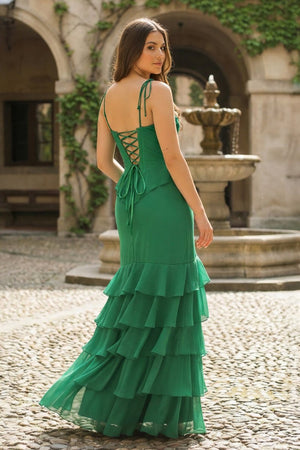 Tie Shoulder Red Mermaid Ruffle Tiered Long Prom Dress with Slit - KissProm