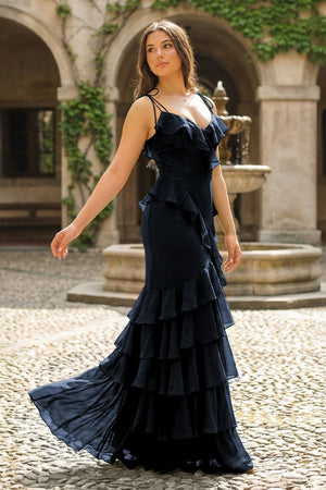Tie Shoulder Red Mermaid Ruffle Tiered Long Prom Dress with Slit - KissProm