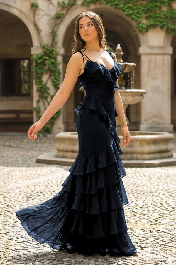 Tie Shoulder Red Mermaid Ruffle Tiered Long Prom Dress with Slit - KissProm