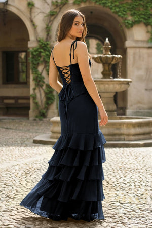 Tie Shoulder Red Mermaid Ruffle Tiered Long Prom Dress with Slit - KissProm