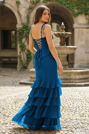 Tie Shoulder Red Mermaid Ruffle Tiered Long Prom Dress with Slit - KissProm
