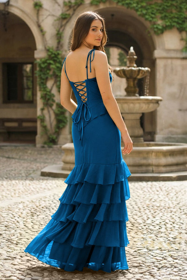 Tie Shoulder Red Mermaid Ruffle Tiered Long Prom Dress with Slit - KissProm