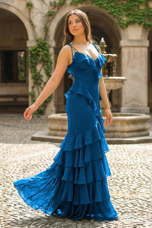 Tie Shoulder Red Mermaid Ruffle Tiered Long Prom Dress with Slit - KissProm