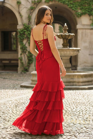 Tie Shoulder Red Mermaid Ruffle Tiered Long Prom Dress with Slit - KissProm
