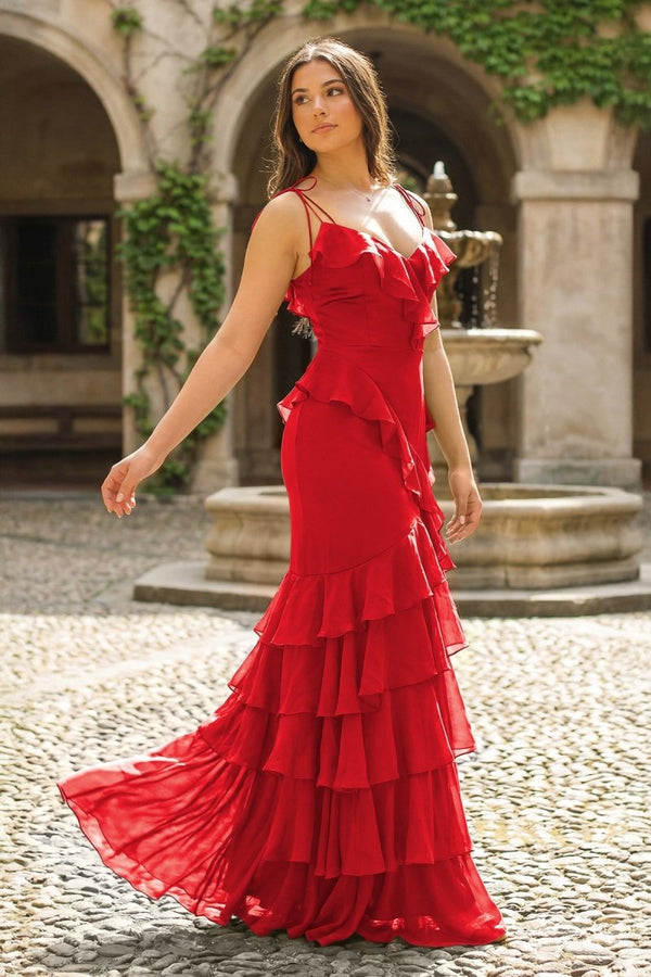 Tie Shoulder Red Mermaid Ruffle Tiered Long Prom Dress with Slit - KissProm
