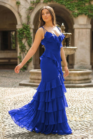 Tie Shoulder Red Mermaid Ruffle Tiered Long Prom Dress with Slit - KissProm