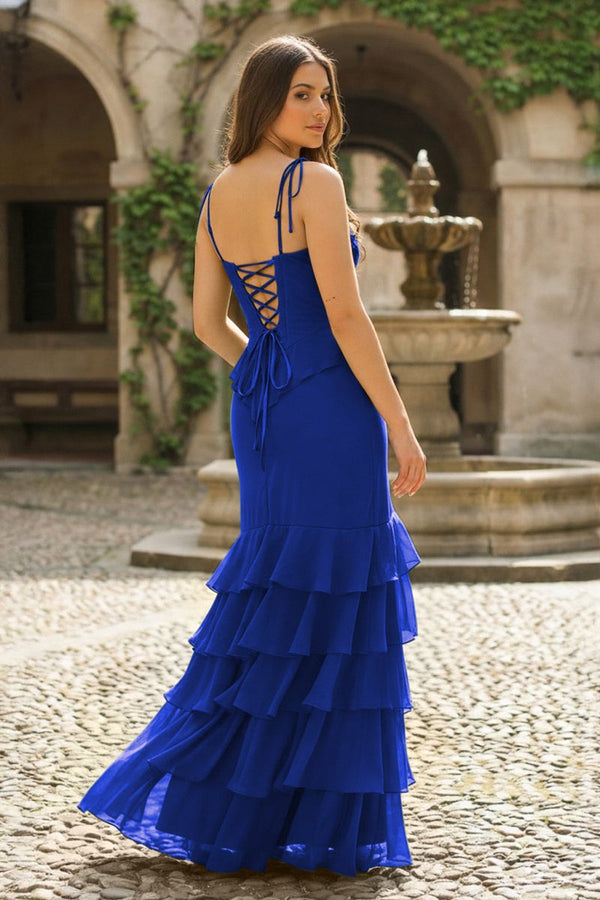 Tie Shoulder Red Mermaid Ruffle Tiered Long Prom Dress with Slit - KissProm