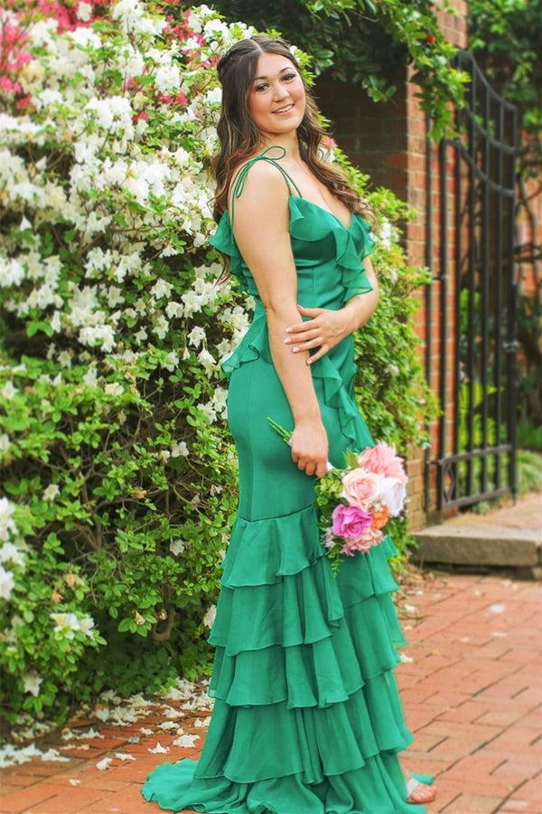Tie Shoulder Red Mermaid Ruffle Tiered Long Prom Dress with Slit -KissProm