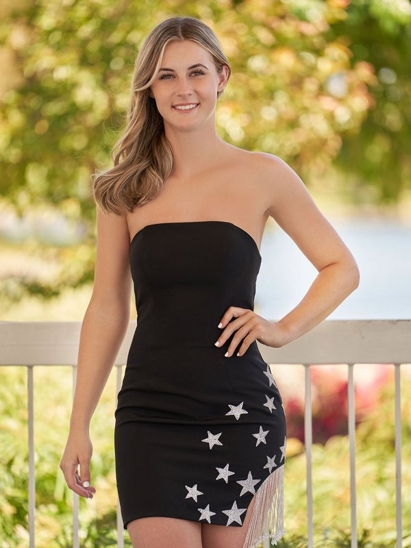 Helene |Sheath Black Strapless Satin Homecoming Dress With Star - KissProm