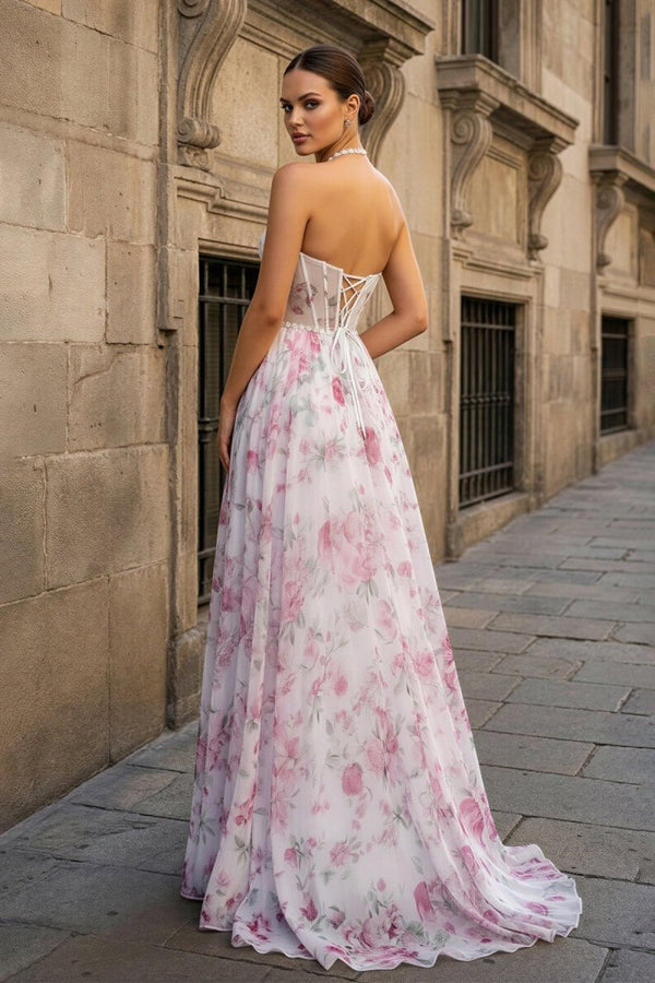 Pink Halter A Line Floral Chiffon Ruffled Formal Prom Dresses With Beading - KissProm