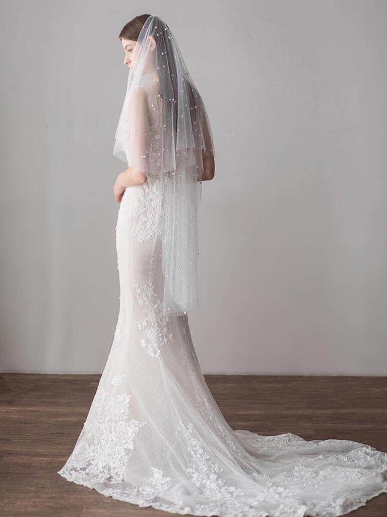 Hip Length Ivory Tulle Wedding Veils with Pearl Drop Veil - KissProm
