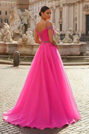 Hot Pink Beaded Cold - Shoulder A - Line Prom Dress - KissProm