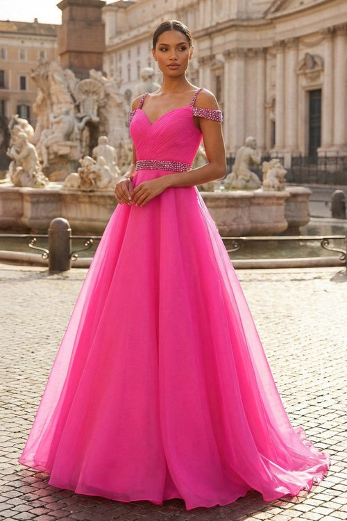 Hot Pink Beaded Cold - Shoulder A - Line Prom Dress - KissProm