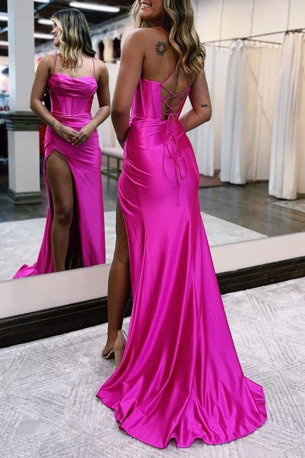 Spaghetti Straps Satin Mermaid Prom Dress with Slit – Prom Dress by KissProm | Available at KissProm