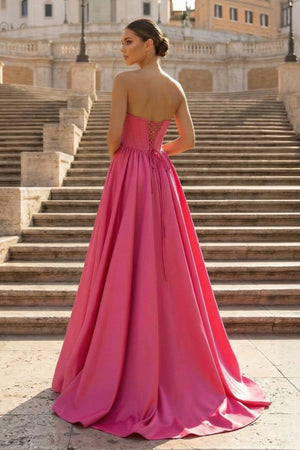 Hot Pink Strapless Lace - Up A - Line Long Formal Dress - KissProm