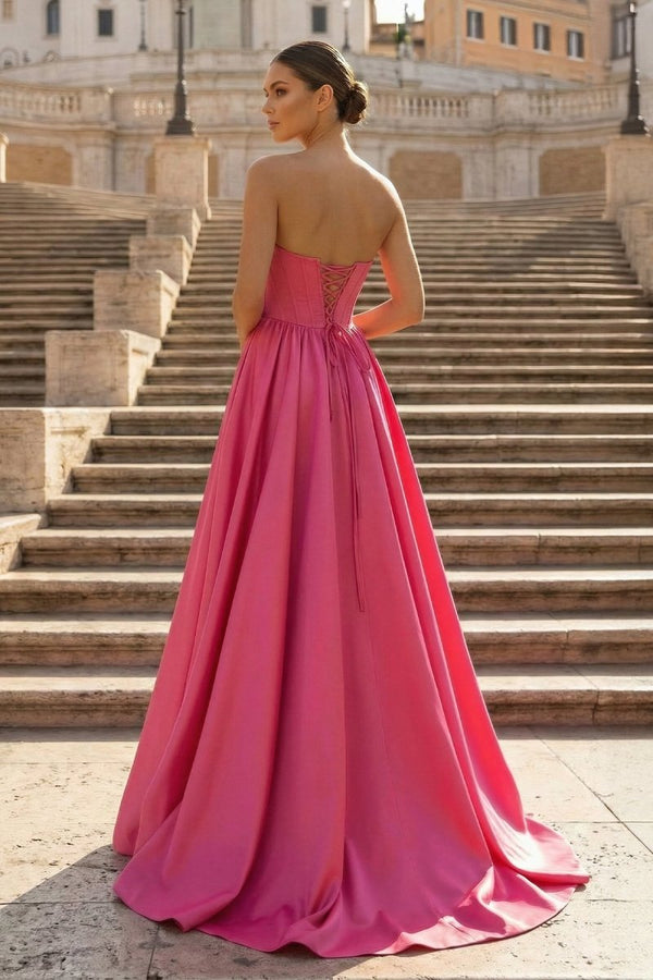 Hot Pink Strapless Lace - Up A - Line Long Formal Dress - KissProm