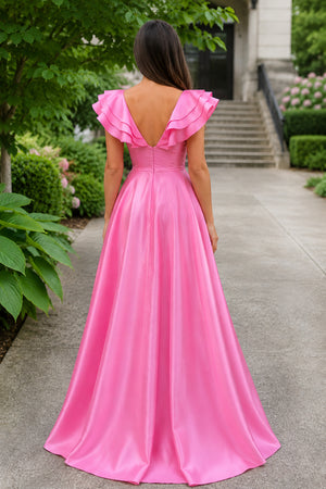 Betsy | Hot Pink V-Neck Ruffle A-Line Long Prom Dress