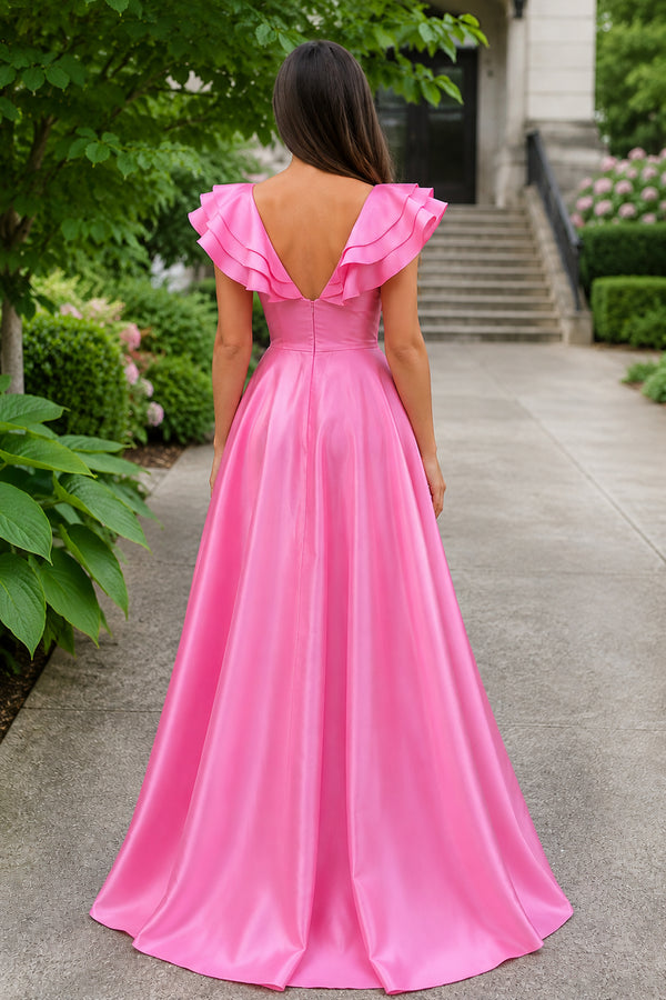 Betsy | Hot Pink V-Neck Ruffle A-Line Long Prom Dress