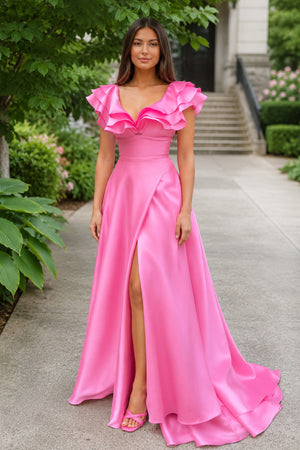 Betsy | Hot Pink V-Neck Ruffle A-Line Long Prom Dress
