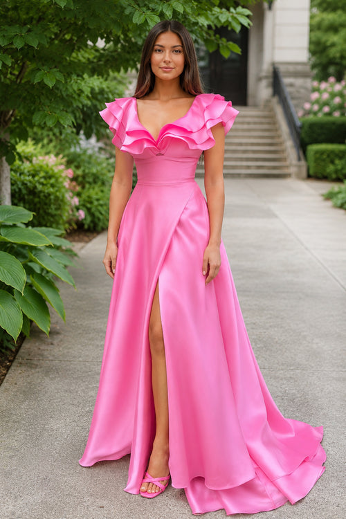 Betsy | Hot Pink V-Neck Ruffle A-Line Long Prom Dress