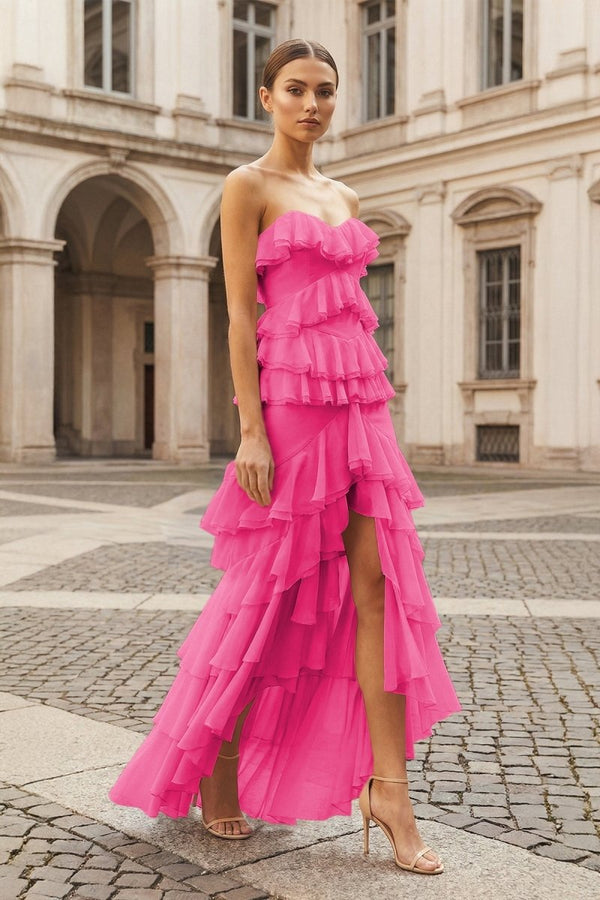 Pink Strapless Sheath Chiffon Ruffled Long Prom Dresses – Prom Dress by KissProm | Available at KissProm