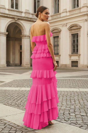 Pink Strapless Sheath Chiffon Ruffled Long Prom Dresses – Prom Dress by KissProm | Available at KissProm