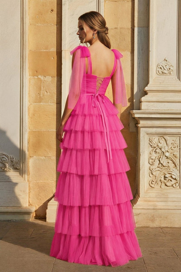Light Blue Pleated Ruffle Prom Dress with Bow Tie Straps - KissProm