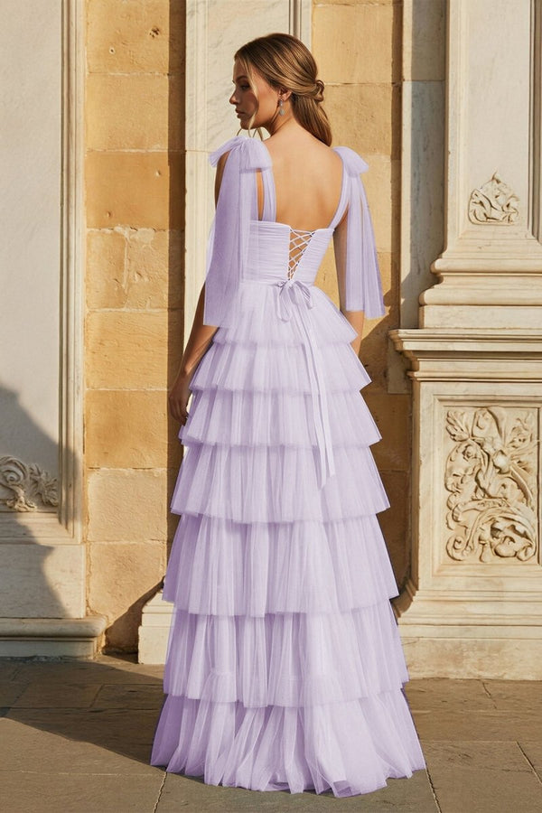 Light Blue Pleated Ruffle Prom Dress with Bow Tie Straps - KissProm