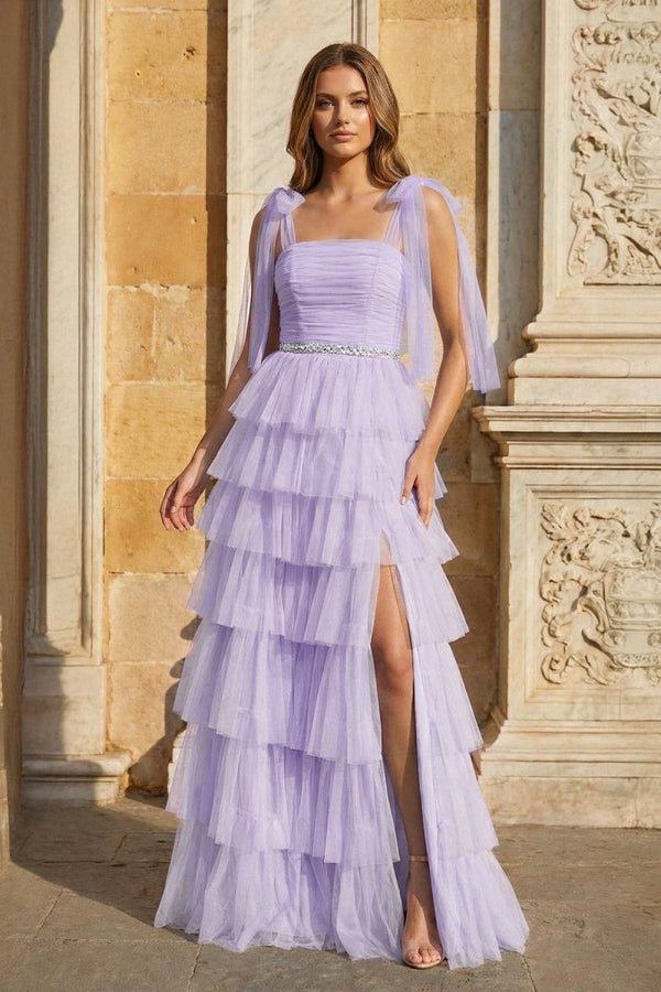 Light Blue Pleated Ruffle Prom Dress with Bow Tie Straps - KissProm