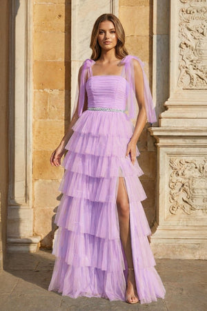 Light Blue Pleated Ruffle Prom Dress with Bow Tie Straps - KissProm
