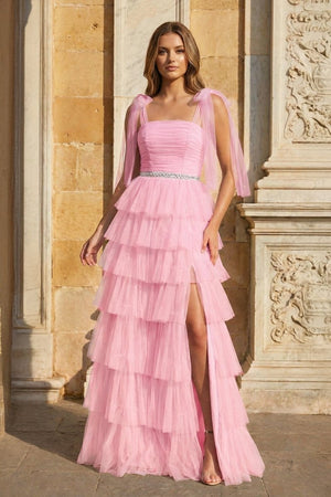 Light Blue Pleated Ruffle Prom Dress with Bow Tie Straps - KissProm