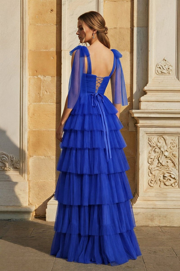 Light Blue Pleated Ruffle Prom Dress with Bow Tie Straps - KissProm
