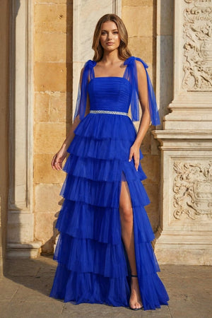 Light Blue Pleated Ruffle Prom Dress with Bow Tie Straps - KissProm