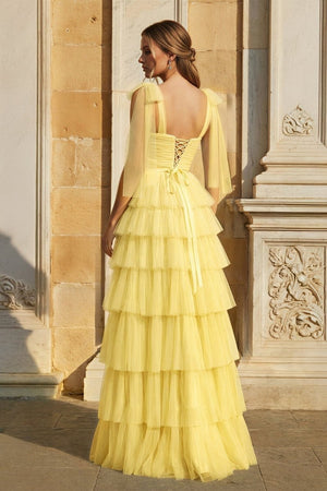 Light Blue Pleated Ruffle Prom Dress with Bow Tie Straps - KissProm