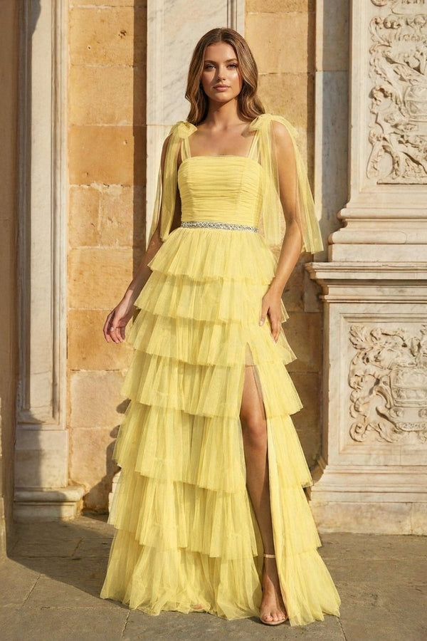 Light Blue Pleated Ruffle Prom Dress with Bow Tie Straps - KissProm