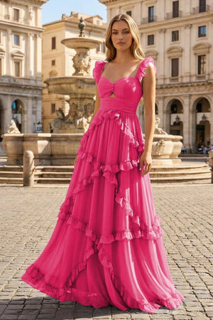 A-Line Straps Sky Blue Chiffon Ruffles Long Prom Dress – Prom Dresses by KissProm | Available at KissProm