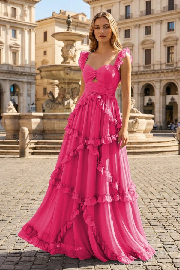 A-Line Straps Sky Blue Chiffon Ruffles Long Prom Dress – Prom Dresses by KissProm | Available at KissProm