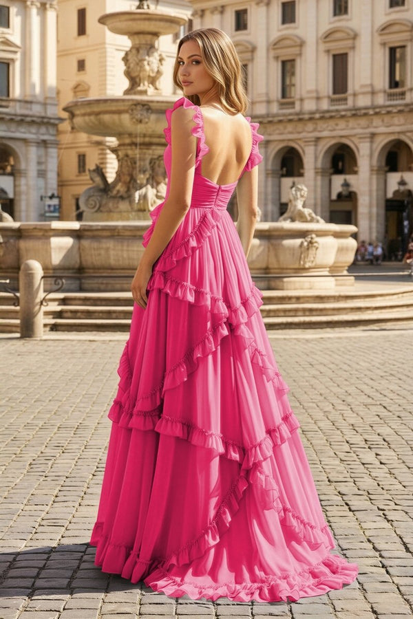 A-Line Straps Sky Blue Chiffon Ruffles Long Prom Dress – Prom Dresses by KissProm | Available at KissProm